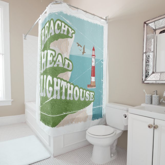 Beachy head lighthouse retro poster shower curtain (In Situ)