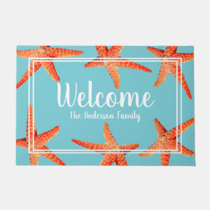 Beachy Nautical Red Starfish Welcome & Family Name Doormat
