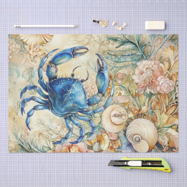 Beachy Pastel  Blue Crab & Shells Decoupage  Tissue Paper (Craft)