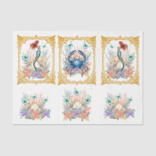 Beachy Pastel  Floral Mermaid & Shells Decoupage Tissue Paper