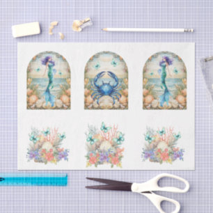 Beachy Pastel Floral Mermaid & Shells Decoupage Tissue Paper