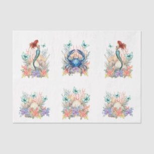 Beachy Pastel  Floral Mermaid & Shells Decoupage Tissue Paper