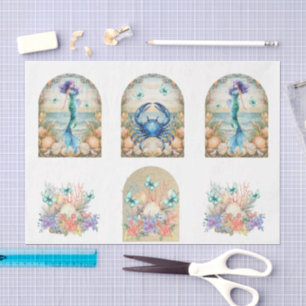 Beachy Pastel Floral Mermaid & Shells Decoupage Tissue Paper