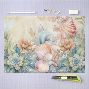 Beachy Pastel Floral Seashells Decoupage Tissue Paper