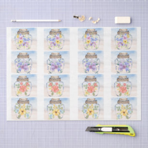 Beachy Pastel Watercolor Florals & Jar  Decoupage  Tissue Paper