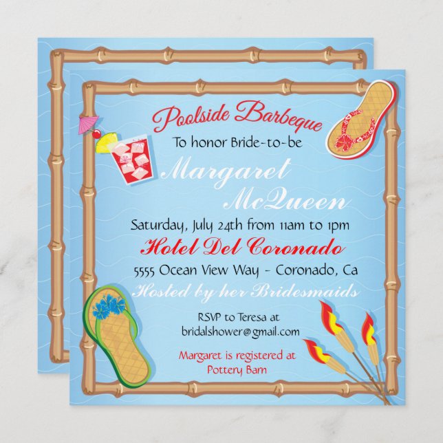 Beachy Poolside BBQ Bridal Shower Invitation (Front/Back)