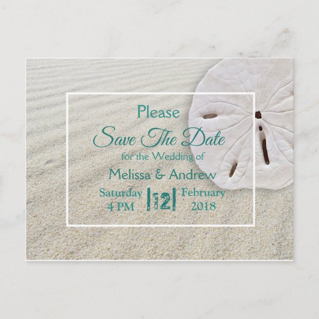 Beachy Sand Dollar Themed Wedding Save the Date Announcement Postcard (Front)