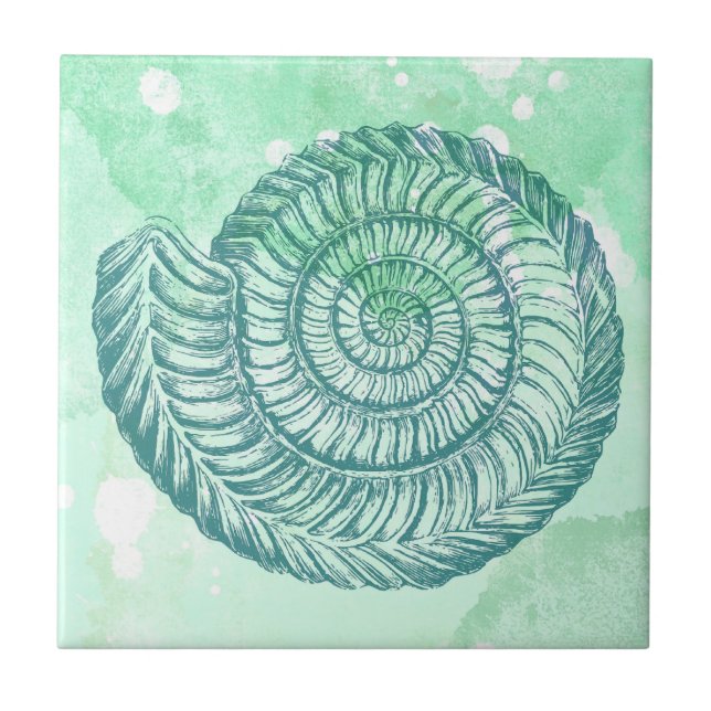 Beachy Spiral Seashell Blue Watercolor Ceramic Tile (Front)