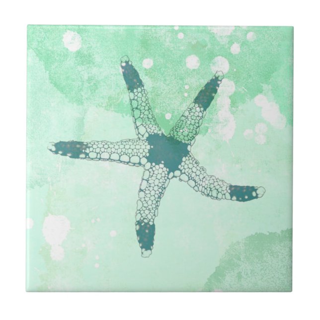 Beachy Starfish Blue Watercolor Ceramic Tile (Front)