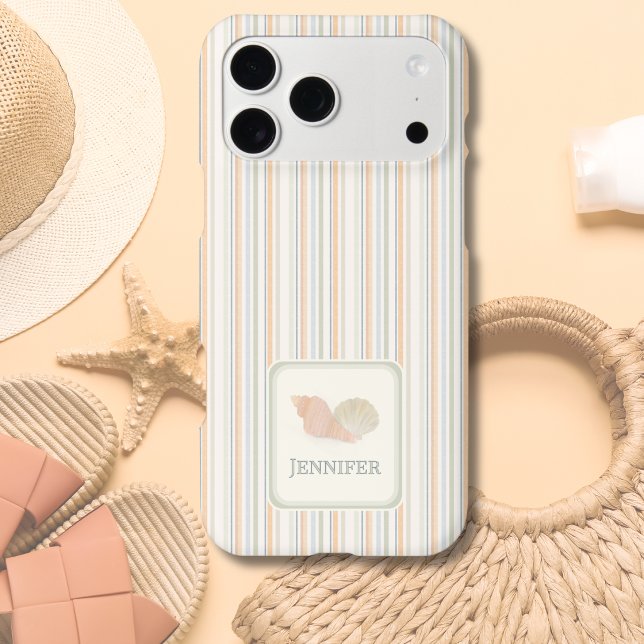 Beachy Striped Phone Case – Custom Name Seashell  (Coastal Striped Phone Case with Seashells - Perfect Gift for Beach Lovers)
