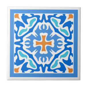 Beachy Summer Blue Spanish with Orange Accent Ceramic Tile