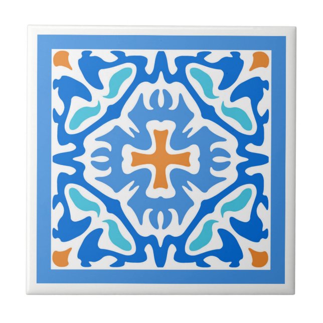Beachy Summer Blue Spanish with Orange Accent Ceramic Tile (Front)