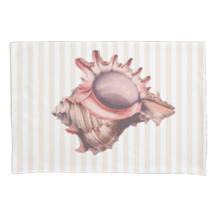 Beachy Tan Stripes & Coral Conch Shell Pillowcase