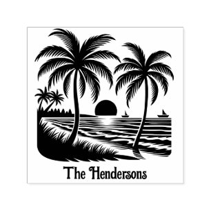 Beachy Tropical Palm Trees Sunset Name Self-inking Stamp