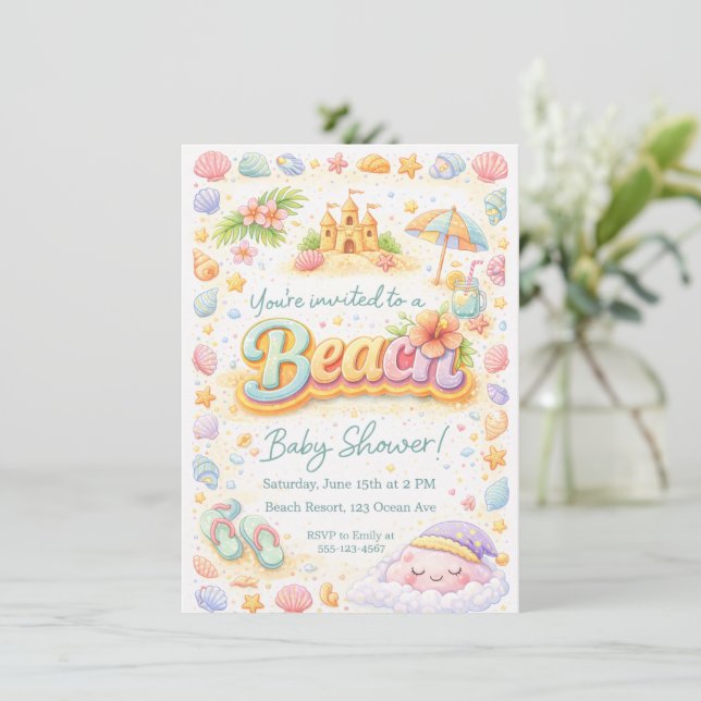 “Beachy Vibes” Baby Shower Invitation (Standing Front)