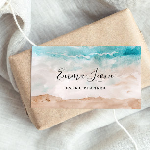 Beachy Watercolor   Sea Blue, Cream and Brown Business Card