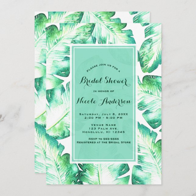 Beachy White & Green Tropical Leaves Bridal Shower Invitation (Front/Back)