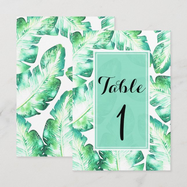 Beachy White & Green Tropical Leaves Table Number (Front/Back)