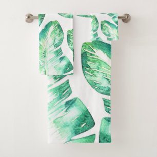 Beachy White & Green Tropical Palm Leaves Chic Bath Towel Set