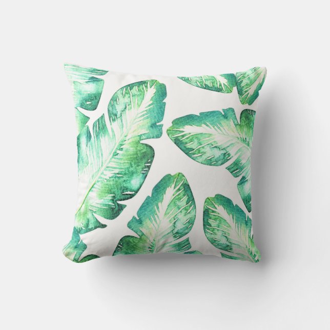 Beachy White & Green Tropical Palm Leaves Chic Cushion (Front)