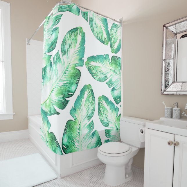 Beachy White & Green Tropical Palm Leaves Chic Shower Curtain (In Situ)