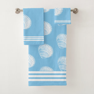 Beachy White Stripes & White Seashells Ocean Blue Bath Towel Set