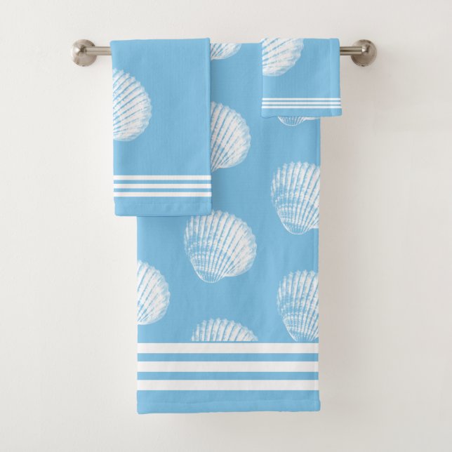Beachy White Stripes & White Seashells Ocean Blue Bath Towel Set (Insitu)