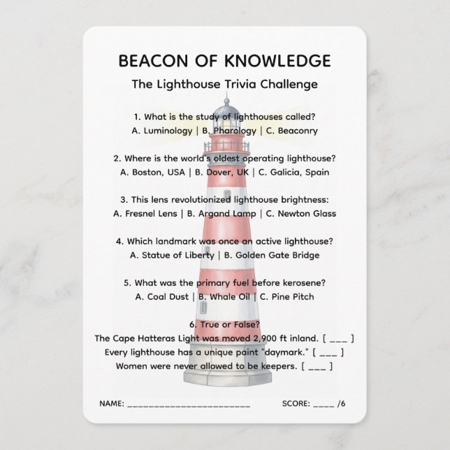 Beacon of Knowledge Lighthouse Trivia Sheet Invitation (Front)