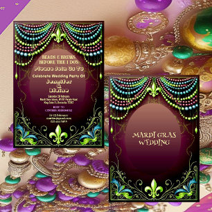 Bead & Brews Fleur De Lis Mardi Gras Wedding Party Invitation