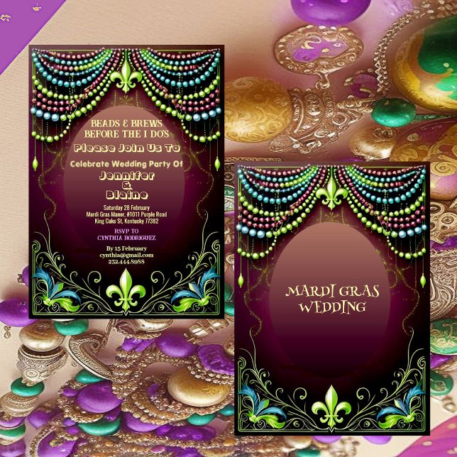 Bead & Brews Fleur De Lis Mardi Gras Wedding Party Invitation (Bead & Brews Fleur De Lis Mardi Gras Wedding Party Invitation)