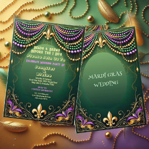 Bead & Brews Fleur De Lis Mardi Gras Wedding Party Invitation