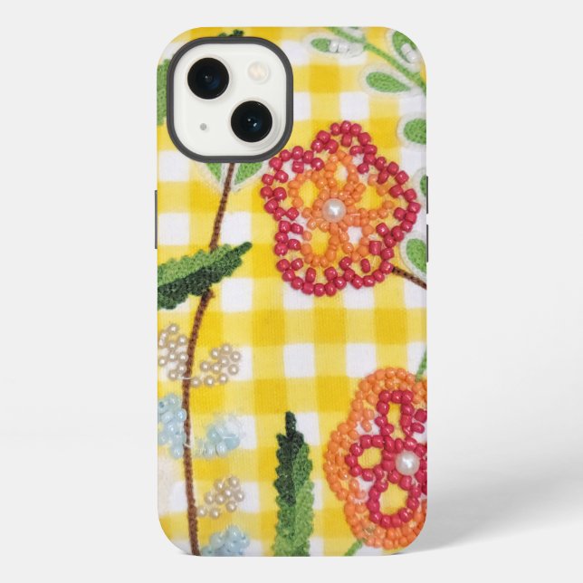 Beaded Flower Pattern On Gingham iPhone Case (Back)