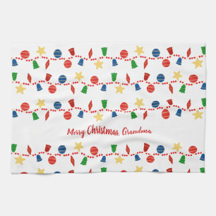 Beaded garland with retro Christmas ornaments Tea Towel