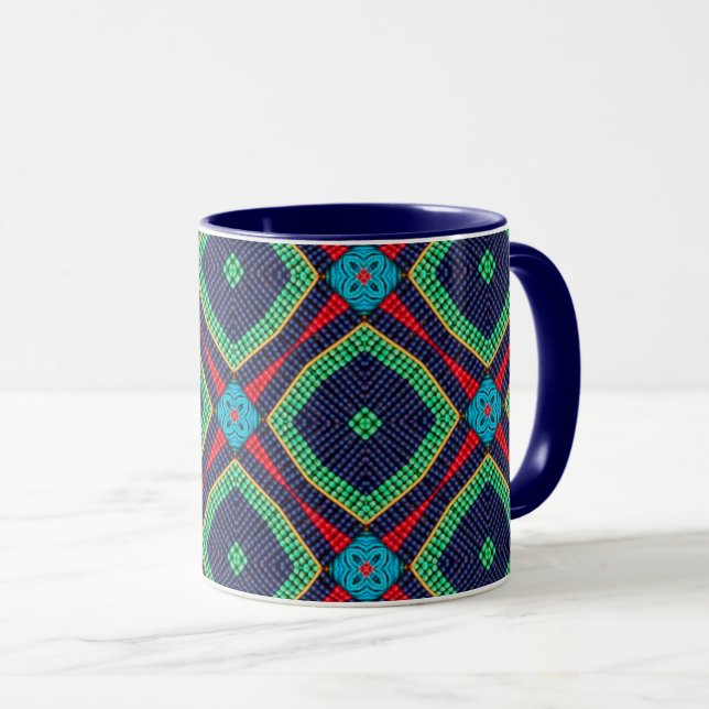 Beaded Mosaic Diamond Mug with Deep Blue Interior (Front Right)