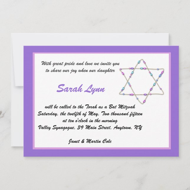 Beaded Star Purple Bat Mitzvah Invitation (Front)