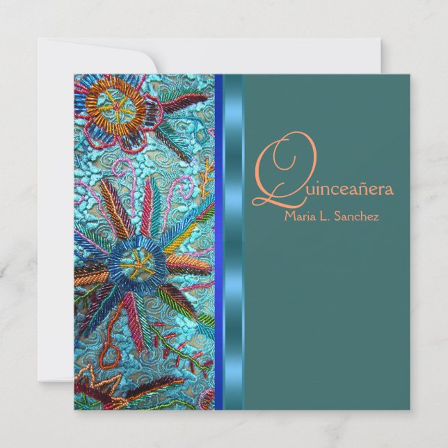 Beaded Turquoise Blue Orange Quinceanera Invitation (Front)