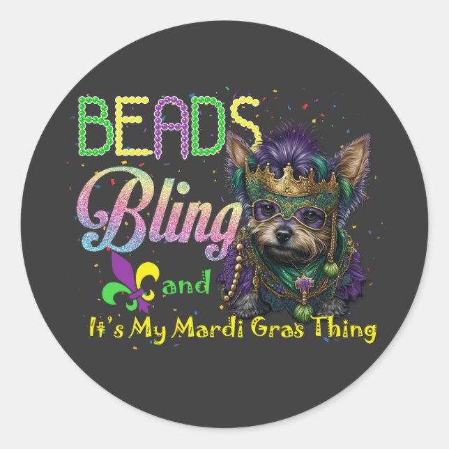 Beads Bling Yorkie Mardi Gras Carnival Masquerade  Classic Round Sticker (Front)