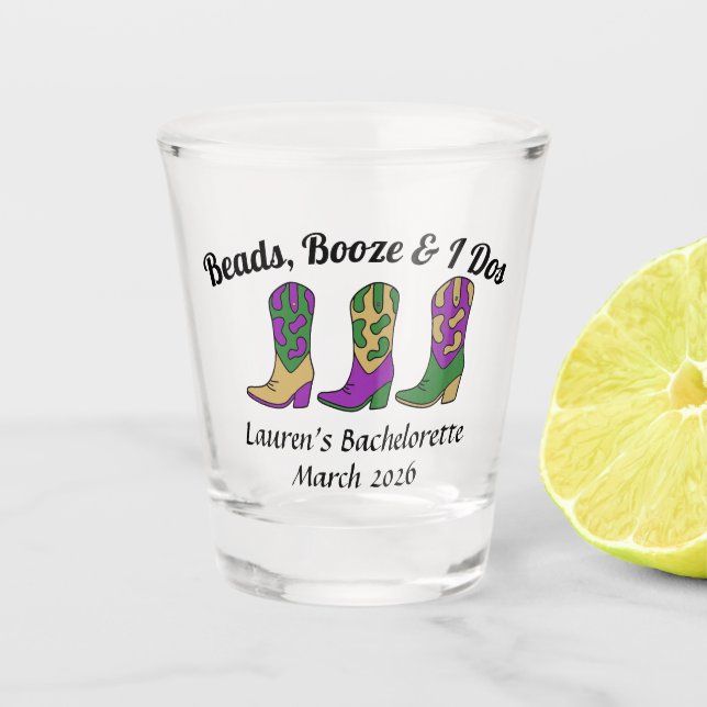 Beads Booze & I Dos Mardi Gras Shot Glass (Front)