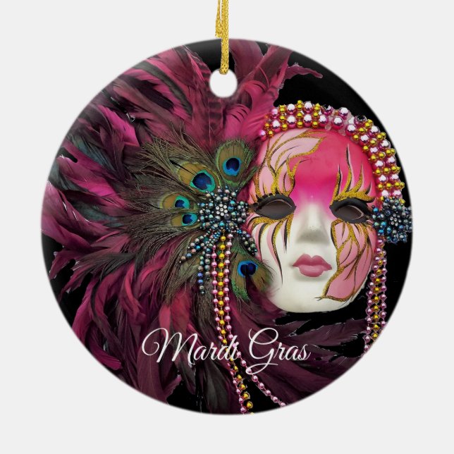 Beads, Feathers and Mardi Gras Mask Ceramic Ornament (Back)