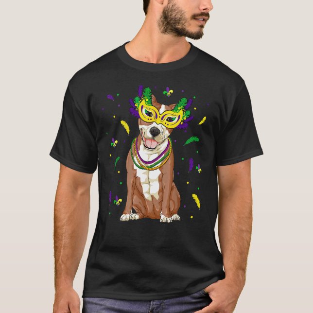 Beads  Mask Pitbull Mardi Gras Pit Bull Dog Mum Da T-Shirt (Front)
