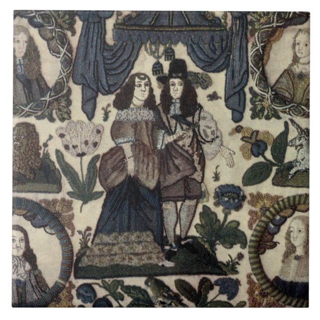 Beadwork Embroidery Charles II and His Queen Ceramic Tile (Front)