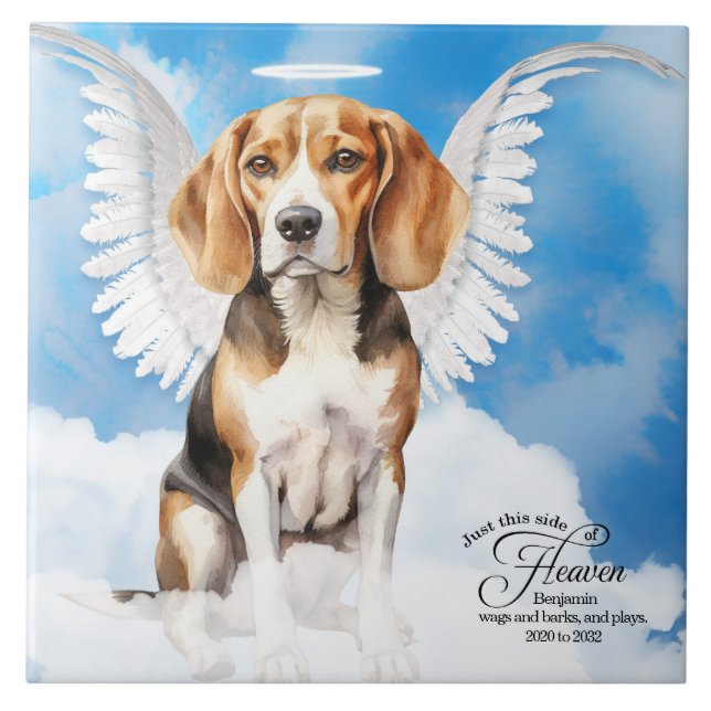 Beagle Angel Dog Personalised Pet Memorial Ceramic Tile (Front)