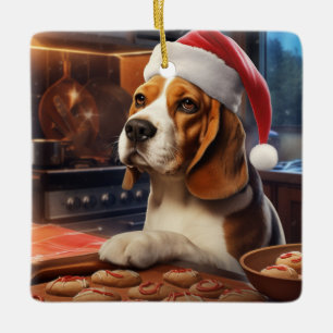 Beagle Baking Christmas Cookies in a Santa Hat Ceramic Ornament