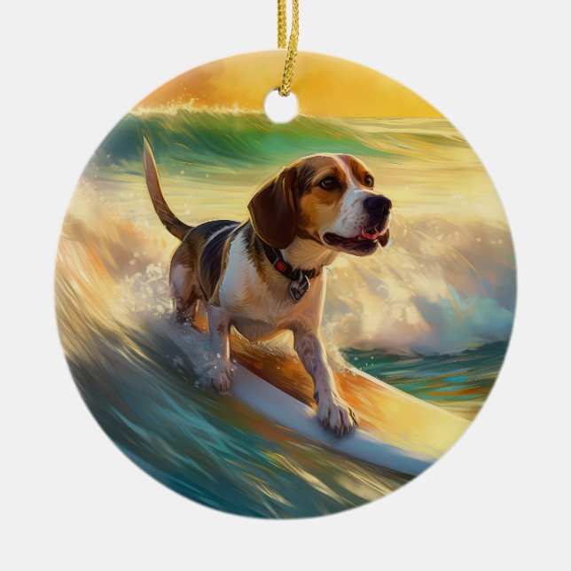 Beagle Beach Surfing Painting Ceramic Ornament (Front)