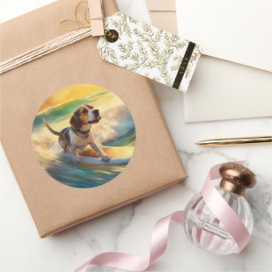Beagle Beach Surfing Painting Classic Round Sticker