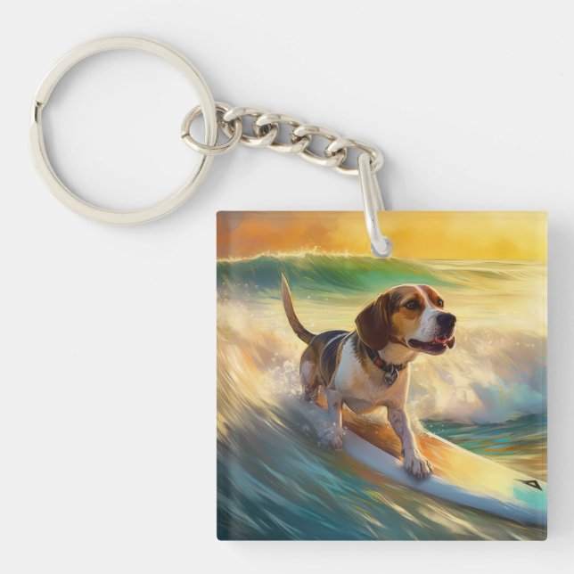 Beagle Beach Surfing Painting Key Ring (Front)