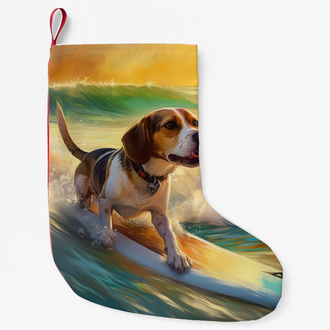 Beagle Beach Surfing Painting Small Christmas Stocking (Front)