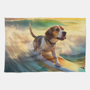 Beagle Beach Surfing Painting Tea Towel