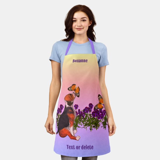 Beagle Butterflies Flowers Animal Personalised Apron (Worn)
