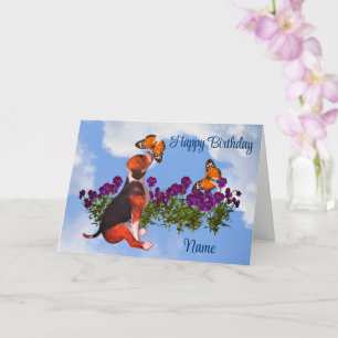 Beagle Butterflies Pansies Cute Birthday  Card
